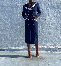 Load image into Gallery viewer, 1980's Nautical Sailor Dress By Gaccina. Pinned to fit at the waist. The last photo shows it unpinned.  SIZE: 11/12    Measures approximately: 20" pit to pit / 16.5" waist / 20" hip / 43.5" length