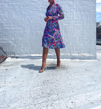 Load image into Gallery viewer, Vintage 1970s Holly Hill Dress. SIZE: 10 best fits XS/S Measures approximately: 17" pit to pit / 14.5" empire waist / 38.5" length (Measurements taken laying flat, double where applicable) MODEL: 5'1, 119lbs, size 4 COMPOSITION: 100% Polyester