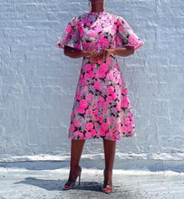 Load image into Gallery viewer, Beautiful neon 1960s floral vintage dress. SIZE: No label, beset fits S/M Measures approximately: 19.5" pit to pit / 16" empire waist / 17" waist / 41" length (Measurements taken laying flat, double where applicable) MODEL: 5'1, 119lbs, size 4 COMPOSITION: Not listed