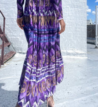 Load image into Gallery viewer, Vintage Abstract Print Dress By Terri Ellen. SIZE: 10 Measures approximately: 20" pit to pit / 16.5-18" waist / 47" length (Measurements taken flat, double where applicable) MODEL: 5'1, 119lbs, size 4 COMPOSITION: 50% Polyester 50% Rayon