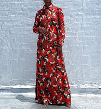 Load image into Gallery viewer, 1960s vintage button-up long sleeve maxi dress By Spectator. SIZE: No size, best fits XS/S Measures approximately: 18" pit to pit / 17" waist / 57" length (Measurements taken laying flat, double where applicable) MODEL: 5'1, 119lbs, size 4 COMPOSITION: Not listed