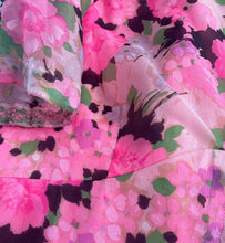 Load image into Gallery viewer, Beautiful neon 1960s floral vintage dress. SIZE: No label, beset fits S/M Measures approximately: 19.5" pit to pit / 16" empire waist / 17" waist / 41" length (Measurements taken laying flat, double where applicable) MODEL: 5'1, 119lbs, size 4 COMPOSITION: Not listed