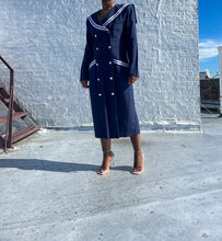 Load image into Gallery viewer, 1980's Nautical Sailor Dress By Gaccina. Pinned to fit at the waist. The last photo shows it unpinned.  SIZE: 11/12    Measures approximately: 20" pit to pit / 16.5" waist / 20" hip / 43.5" length