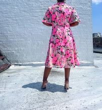 Load image into Gallery viewer, Beautiful neon 1960s floral vintage dress. SIZE: No label, beset fits S/M Measures approximately: 19.5" pit to pit / 16" empire waist / 17" waist / 41" length (Measurements taken laying flat, double where applicable) MODEL: 5'1, 119lbs, size 4 COMPOSITION: Not listed
