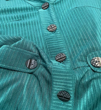 Load image into Gallery viewer, Emerald blue/green slinky button-up dress with pockets By Roshani. SIZE: 38 best fits S/M Measures approximately: 18" pit to pit / 14.5" waist / 39.5" length