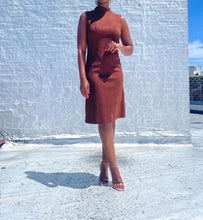 Load image into Gallery viewer, Vintage chocolate-colored shift dress. In excellent condition. SIZE: No label, best fits S/4 Measures approximately: 16.5" pit to pit / 14.5" waist / 37" length (Measurements taken laying flat, double where applicable) MODEL: 5'1, 119lbs, size 4