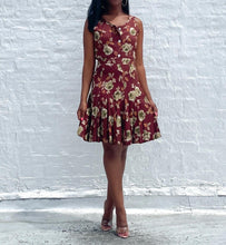 Load image into Gallery viewer, Thrifted Floral Skirt Set By Karin Morgan Collection. SIZE: 6 (fit's me perfectly as a size 4) Top measures approximately: 16.5" pit to pit / 20" length Skirt measures approximately: 13" waist / 20" length (Measurements taken flat, double where applicable) MODEL: 5'1, 119lbs, size 4 COMPOSITION: 100% Rayon