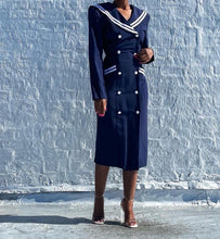 Load image into Gallery viewer, 1980&#39;s Nautical Sailor Dress By Gaccina. Pinned to fit at the waist. The last photo shows it unpinned.  SIZE: 11/12    Measures approximately: 20&quot; pit to pit / 16.5&quot; waist / 20&quot; hip / 43.5&quot; length 
