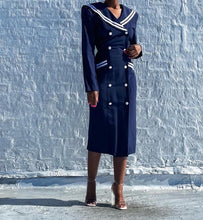 Load image into Gallery viewer, 1980's Nautical Sailor Dress By Gaccina. Pinned to fit at the waist. The last photo shows it unpinned.  SIZE: 11/12    Measures approximately: 20" pit to pit / 16.5" waist / 20" hip / 43.5" length