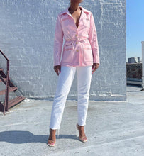 Load image into Gallery viewer, 1970s Baby Pink Gingham Crimplene Jacket with Matching Belt.   SIZE: 12, best fits Small    Measures approximately: 18.5&quot; pit to pit / 17&quot; waist / 27&quot; length   (Measurements taken laying flat, double where applicable)   MODEL: 5&#39;1, 119lbs, size 4

