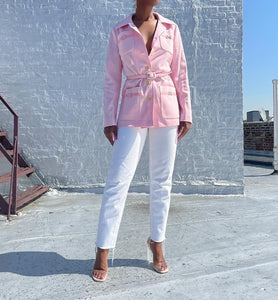 1970s Baby Pink Gingham Crimplene Jacket with Matching Belt.   SIZE: 12, best fits Small    Measures approximately: 18.5" pit to pit / 17" waist / 27" length   (Measurements taken laying flat, double where applicable)   MODEL: 5'1, 119lbs, size 4