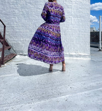 Load image into Gallery viewer, Vintage Abstract Print Dress By Terri Ellen. SIZE: 10 Measures approximately: 20" pit to pit / 16.5-18" waist / 47" length (Measurements taken flat, double where applicable) MODEL: 5'1, 119lbs, size 4 COMPOSITION: 50% Polyester 50% Rayon