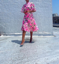 Load image into Gallery viewer, Beautiful neon 1960s floral vintage dress. SIZE: No label, beset fits S/M Measures approximately: 19.5" pit to pit / 16" empire waist / 17" waist / 41" length (Measurements taken laying flat, double where applicable) MODEL: 5'1, 119lbs, size 4 COMPOSITION: Not listed