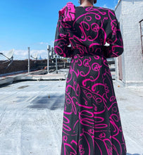 Load image into Gallery viewer, Stunning Vintage Dress with Removable Scarf/ Bow By Studio I NY Collection. SIZE: 8 Measures approximately: 21" pit to pit / 13.5-15" waist / 45.5" length / 32.5" Belt (Measurements taken flat, double where applicable) MODEL: 5'1, 119lbs, size 4