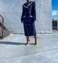 Load image into Gallery viewer, 1980&#39;s Nautical Sailor Dress By Gaccina. Pinned to fit at the waist. The last photo shows it unpinned.  SIZE: 11/12    Measures approximately: 20&quot; pit to pit / 16.5&quot; waist / 20&quot; hip / 43.5&quot; length 
